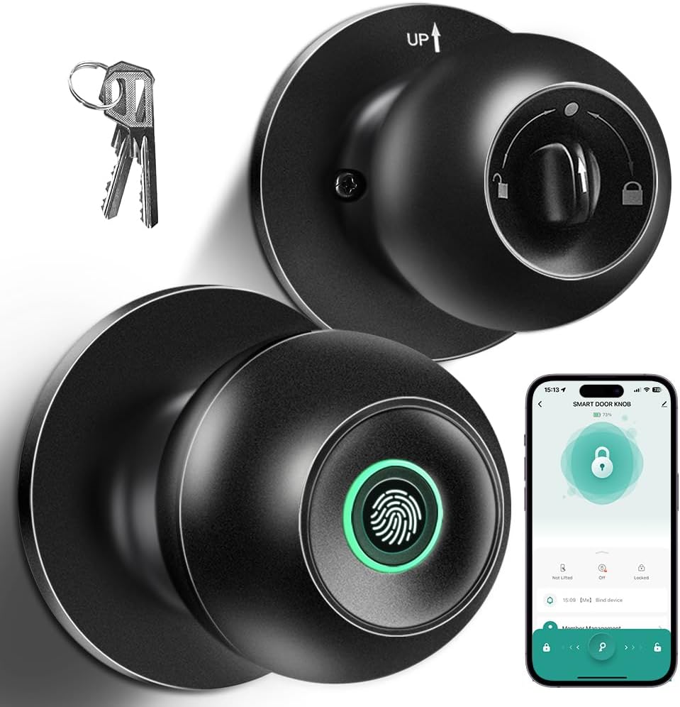 Fingerprint Door Lock, Smart Fingerprint Door Knob with Lock, Biometric Door knob with App Control & Key,