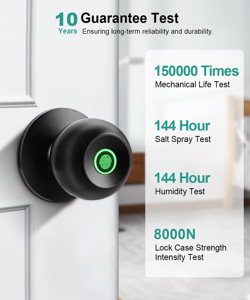 Fingerprint Door Lock, Smart Fingerprint Door Knob with Lock, Biometric Door knob with App Control & Key,
