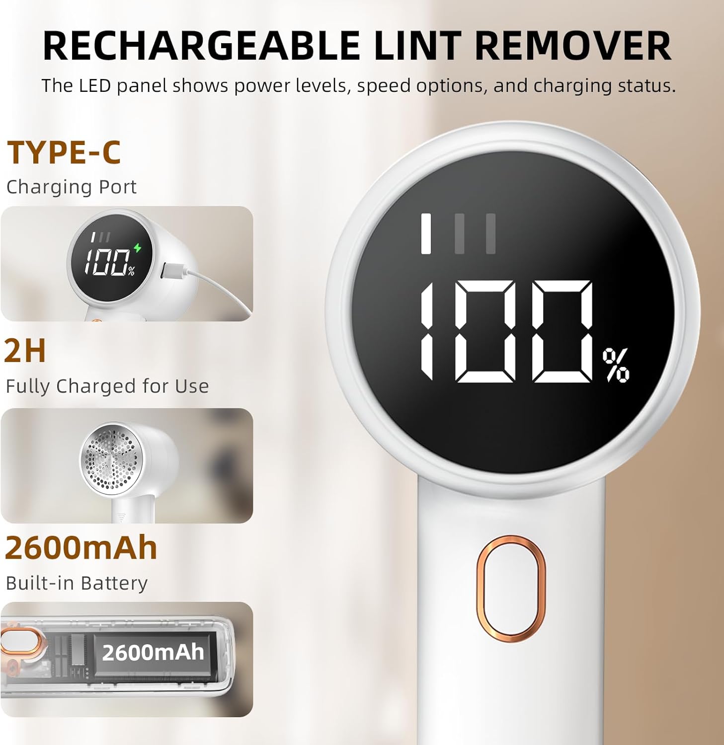 Rechargeable Fabric Shaver with 2 Replaceable Stainless Steel 6-Leaf Blades(1 Free Extra Included) | Lint Remover with 3-Speed Settings