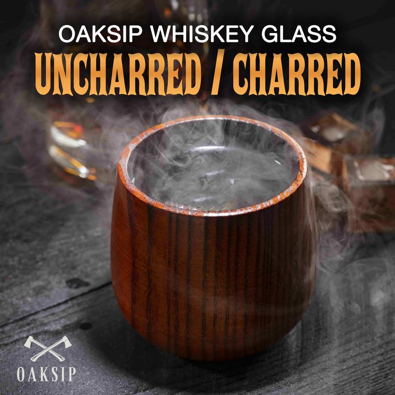 Oaksip - Wooden Whiskey & Bourbon Drinking Glass Tumbler Cup, Bourbon Gifts for Men, Charred or Uncharred Old Fashioned Glass, Whisky Gifts for Men or Dad