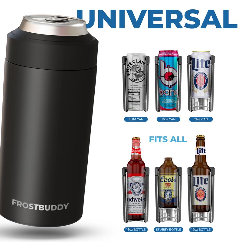 Frost Buddy Universal Buddy Can Cooler - Fits All - For Regular 12 & 16 oz or Slim-Size Bottles - Insulated Double-Walled Stainless Steel (Texastea)