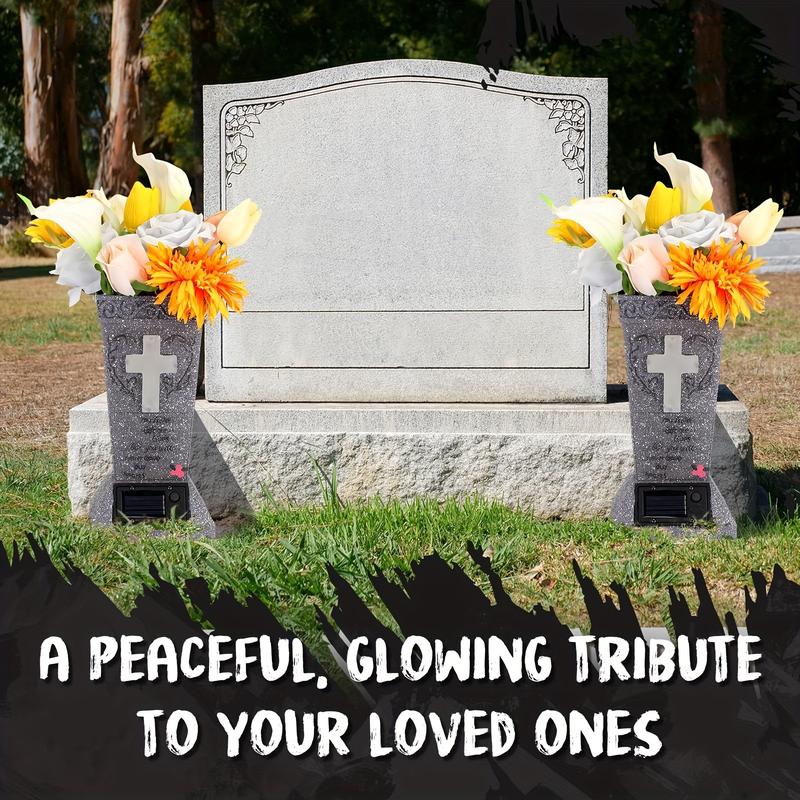 Solar Cemetery Grave Vase with LED for Fresh/Artificial Flowers Headstones Vases with Spikes Gravestone Decor Memorial Gifts for Loss of Loved One