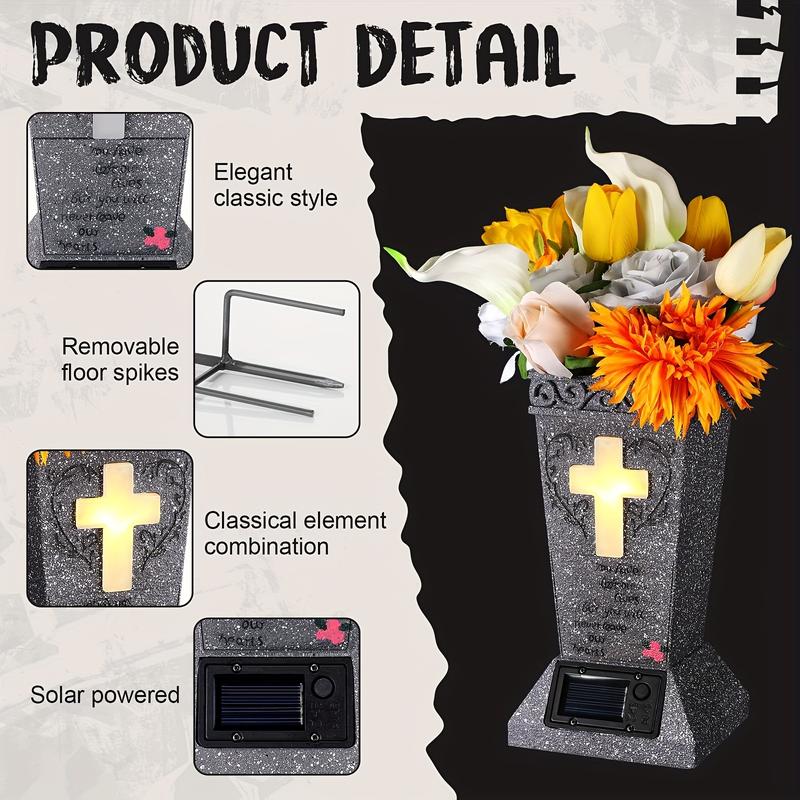 Solar Cemetery Grave Vase with LED for Fresh/Artificial Flowers Headstones Vases with Spikes Gravestone Decor Memorial Gifts for Loss of Loved One