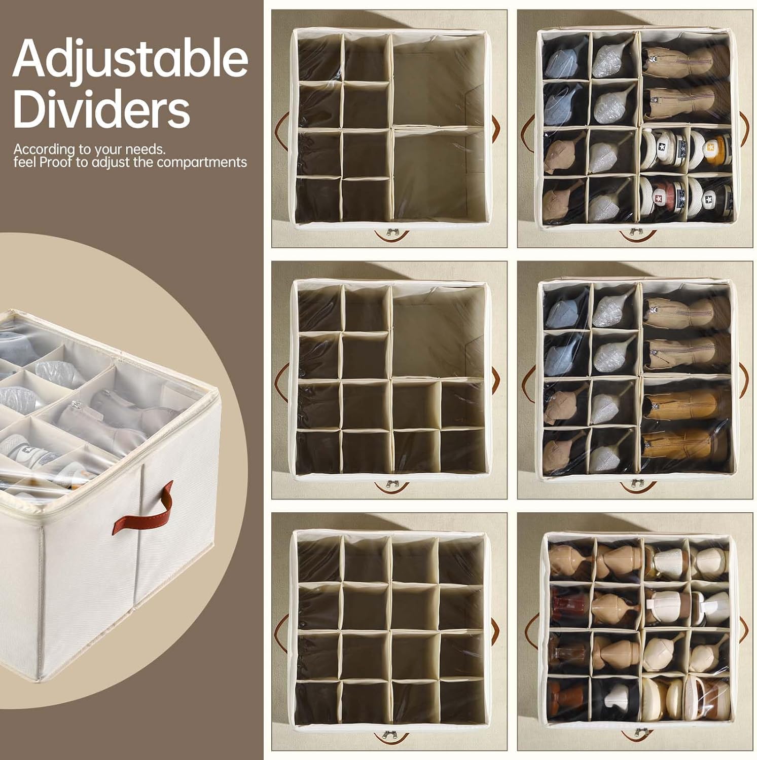 Shoe Organizer for Closet, Adjustable Dividers for Shoe Storage,Fabric Shoe Storage Bins with Clear Cover