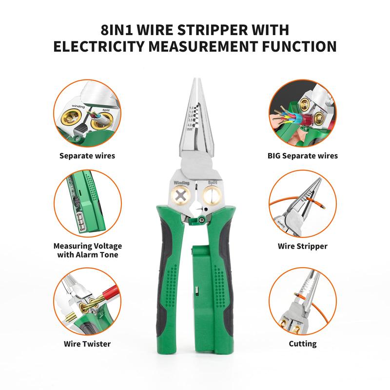 Outdoorfun 8 in 1 Wire Stripper Twister for Cutting and Pulling Wires, Cable Scissors,Voltage Tester Pliers, 12V to 250V Live,Null,Hot Wire Judgment AC DC, Audible and Flashing LED Alarms