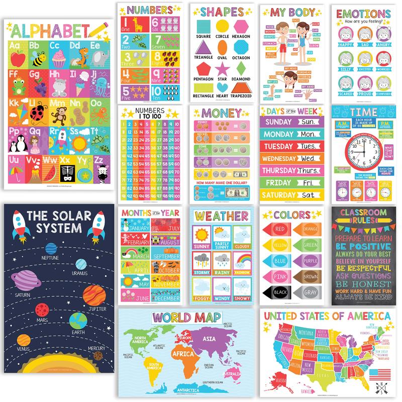 Colorful Educational Posters | Set of 16 | Classroom Supplies Charts Kindergarten