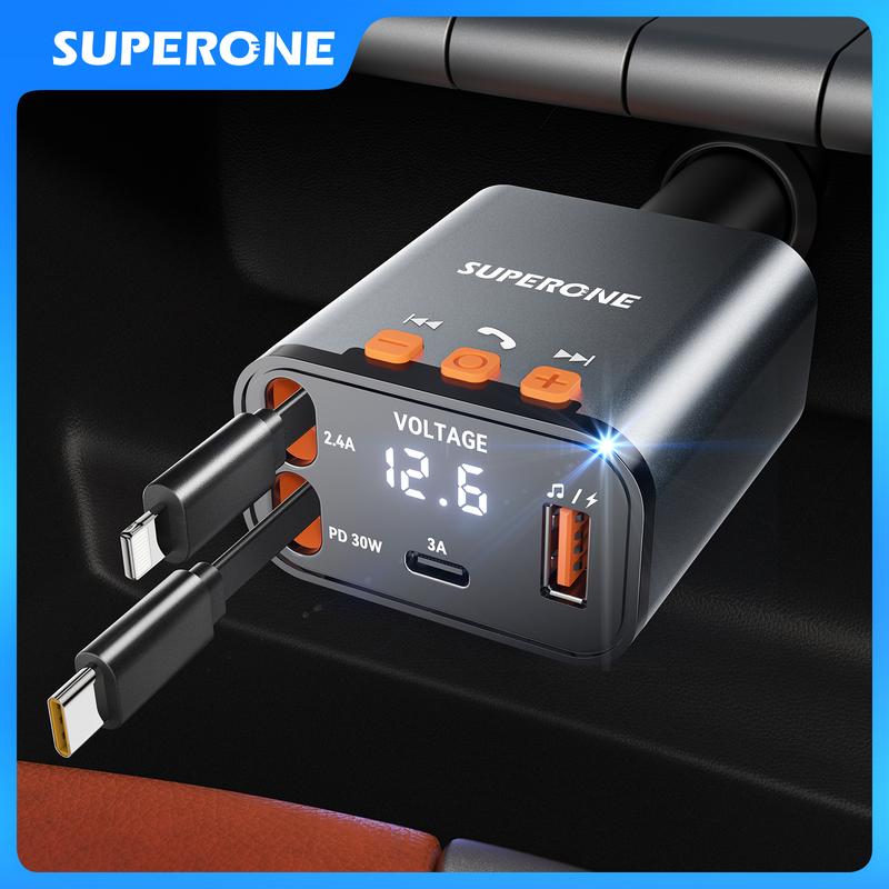 Bluetooth 5.3 Car Adapter with Retractable Charger 69W FM Transmitter Radio Receiver Handsfree Calling Audio Receiver MP3 Music Player Support USB Vehicle Automotive