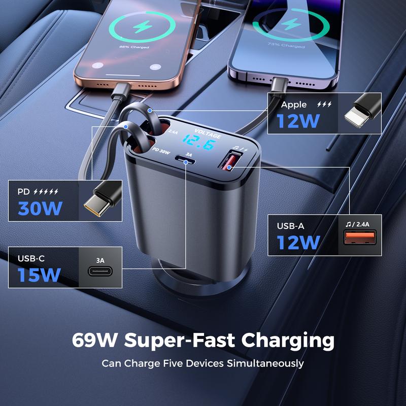 Bluetooth 5.3 Car Adapter with Retractable Charger 69W FM Transmitter Radio Receiver Handsfree Calling Audio Receiver MP3 Music Player Support USB Vehicle Automotive