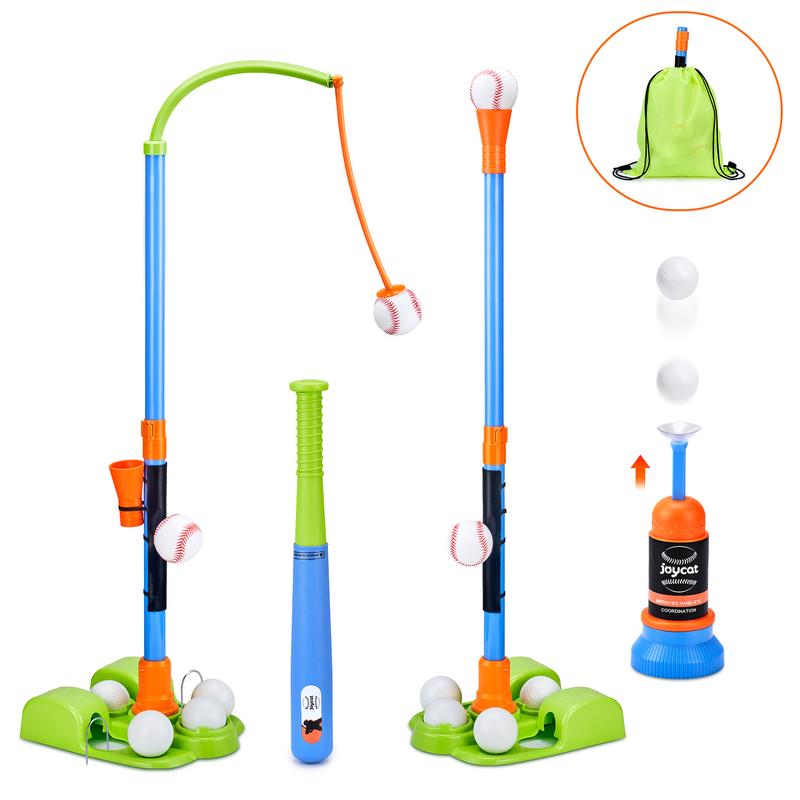 JoyCat 3-in-1 T Ball Sets, Baseball Training Equipment with Tee Ball Stand, Hanging Tee, Ball Launcher, Outdoor Play, Adjustable Height Baseball Toys