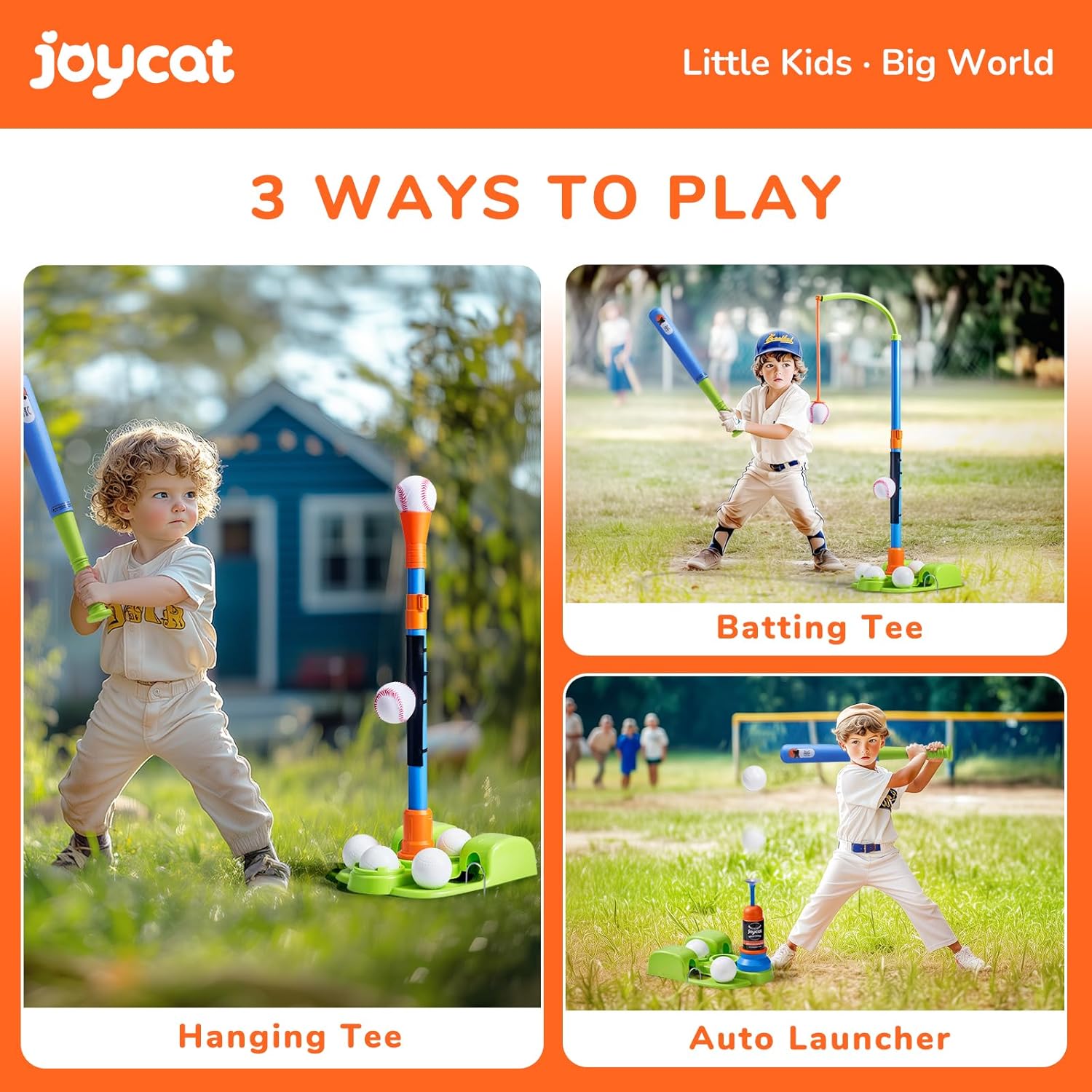 JoyCat 3-in-1 T Ball Sets, Baseball Training Equipment with Tee Ball Stand, Hanging Tee, Ball Launcher, Outdoor Play, Adjustable Height Baseball Toys