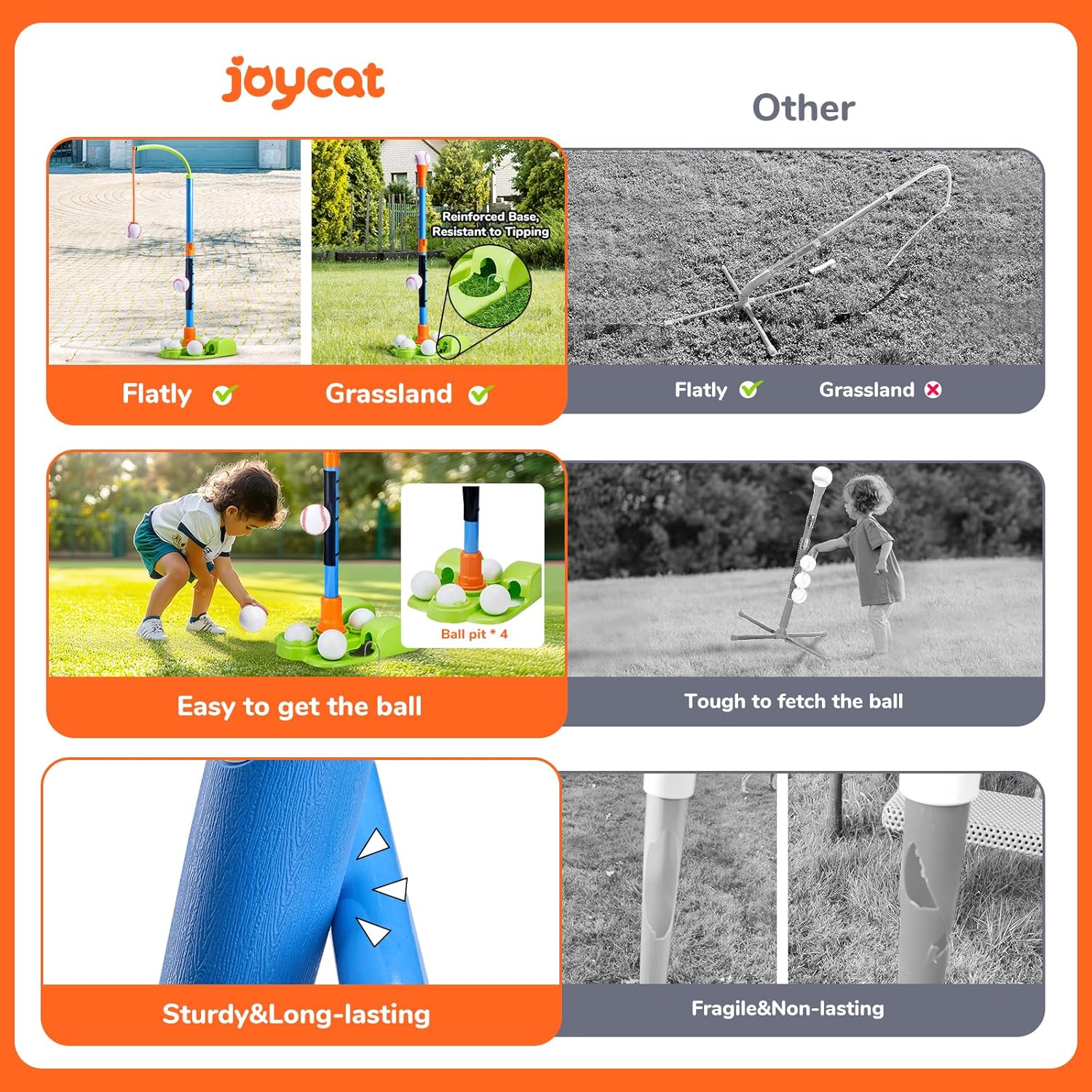 JoyCat 3-in-1 T Ball Sets, Baseball Training Equipment with Tee Ball Stand, Hanging Tee, Ball Launcher, Outdoor Play, Adjustable Height Baseball Toys