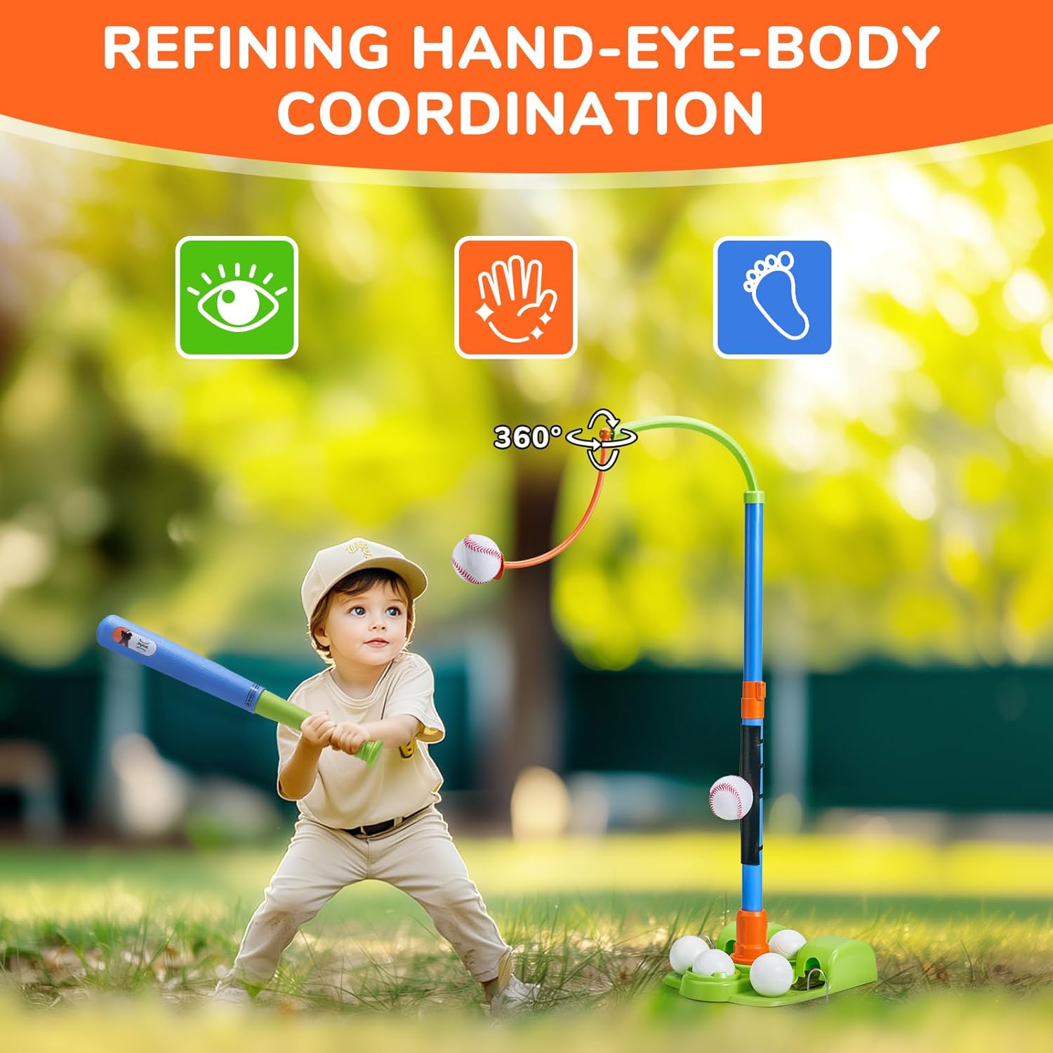 JoyCat 3-in-1 T Ball Sets, Baseball Training Equipment with Tee Ball Stand, Hanging Tee, Ball Launcher, Outdoor Play, Adjustable Height Baseball Toys