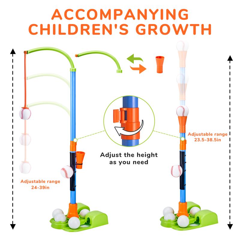 JoyCat 3-in-1 T Ball Sets, Baseball Training Equipment with Tee Ball Stand, Hanging Tee, Ball Launcher, Outdoor Play, Adjustable Height Baseball Toys