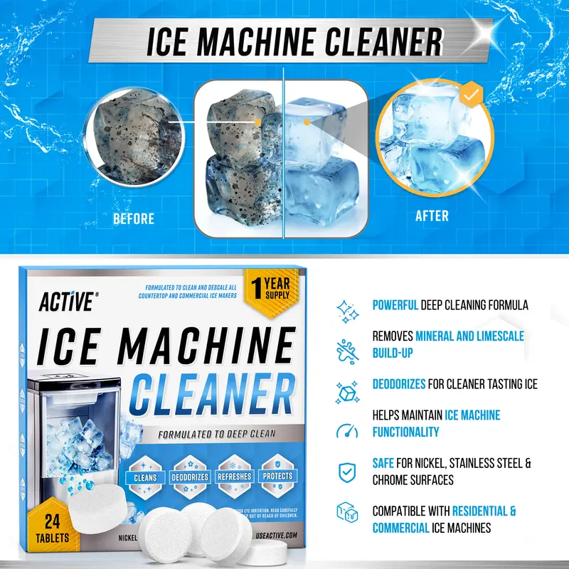 ACTIVE Ice Machine Cleaner Maker Descaler- Tablets Compatible with Frigidaire, Opal, GE Profile, Kitchenaid, Nickel Safe Scale Remover for Countertop, Nugget Ice Makers - Bulk 1 Year Supply