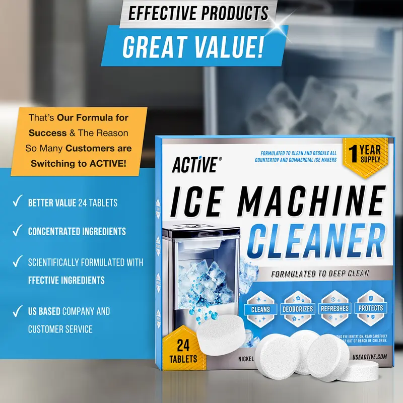 ACTIVE Ice Machine Cleaner Maker Descaler- Tablets Compatible with Frigidaire, Opal, GE Profile, Kitchenaid, Nickel Safe Scale Remover for Countertop, Nugget Ice Makers - Bulk 1 Year Supply