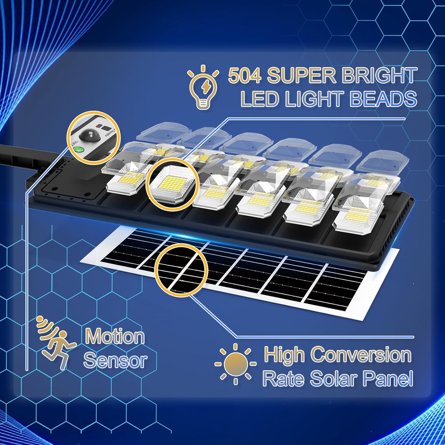 Solar Street Lights Outdoor Waterproof, 6500K 10000LM Solar Street Light, 504LEDs Parking Lot Lights Powered Street Light Dusk to Dawn,