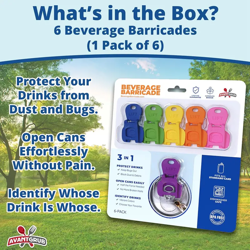 Complete Cover Easy Tab Opener New and Improved 6PK Beverage Barricade 2.0 by Avant Grub. Colorful Drink Can Protector Cap for Soda, Beer, Coke Shields From Bugs, Bees, Dust at the Party, BBQ, Beach