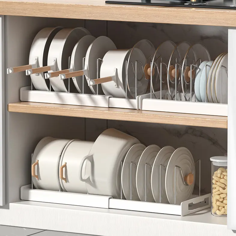 Expandable Pot and Pan Organizer Rack for Cabinet, Pot Lid Organizer Holder with 7 Stainless