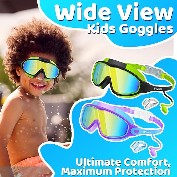 Vvinca pool accessories-Swim Goggles, Kids Goggles with Earplugs& Nose Clip Wide View Anti-Fog/UV Swimming Goggles for Age 3-14 Boys Girls