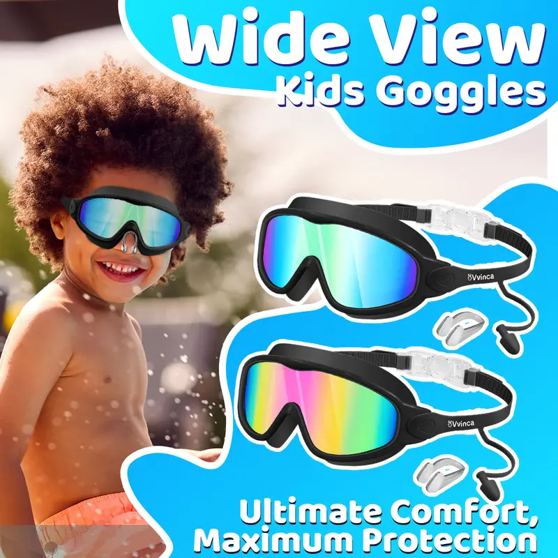 Vvinca pool accessories-Swim Goggles, Kids Goggles with Earplugs& Nose Clip Wide View Anti-Fog/UV Swimming Goggles for Age 3-14 Boys Girls