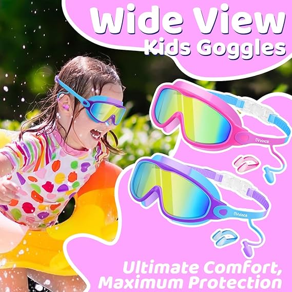 Vvinca pool accessories-Swim Goggles, Kids Goggles with Earplugs& Nose Clip Wide View Anti-Fog/UV Swimming Goggles for Age 3-14 Boys Girls
