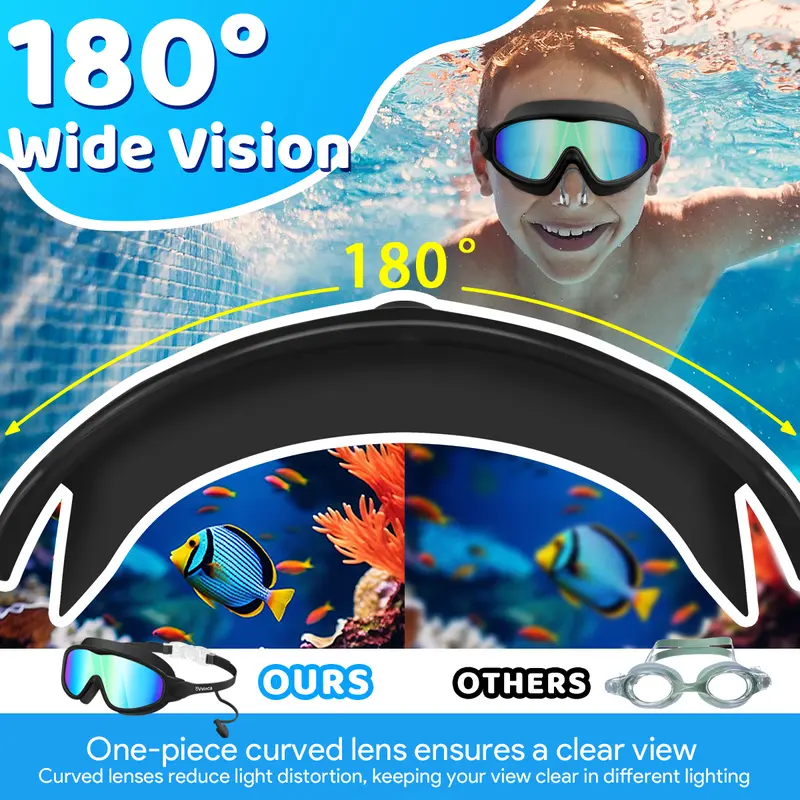 Vvinca pool accessories-Swim Goggles, Kids Goggles with Earplugs& Nose Clip Wide View Anti-Fog/UV Swimming Goggles for Age 3-14 Boys Girls