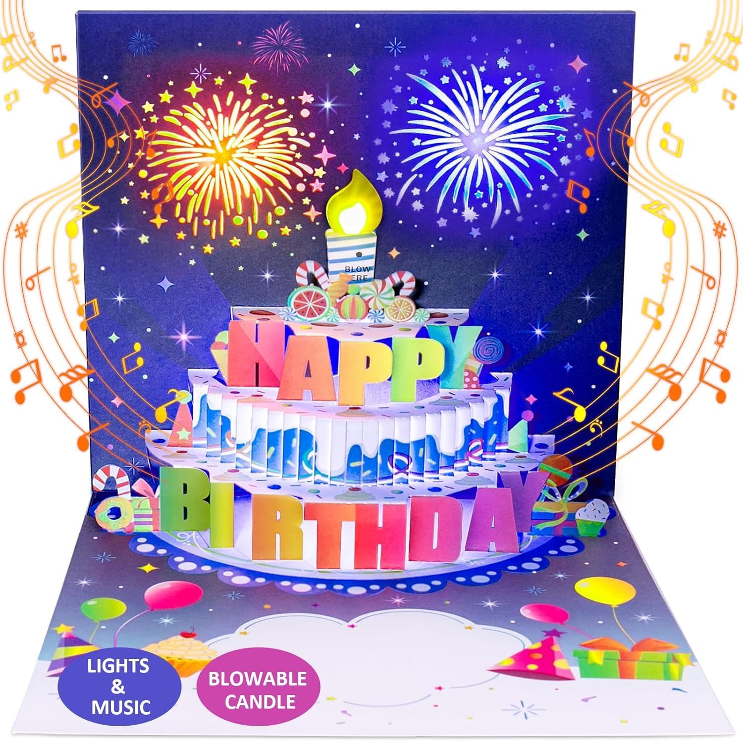 Birthday Cards Fireworks Pop Up Cake Blowable Light and Music Happy Birthday Card Gifts
