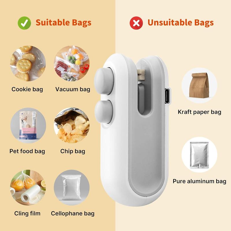 Snacks Mini Bag Sealer, Rechargeable 2 in 1 Bag Heat Sealer with Cutter for Chip ,