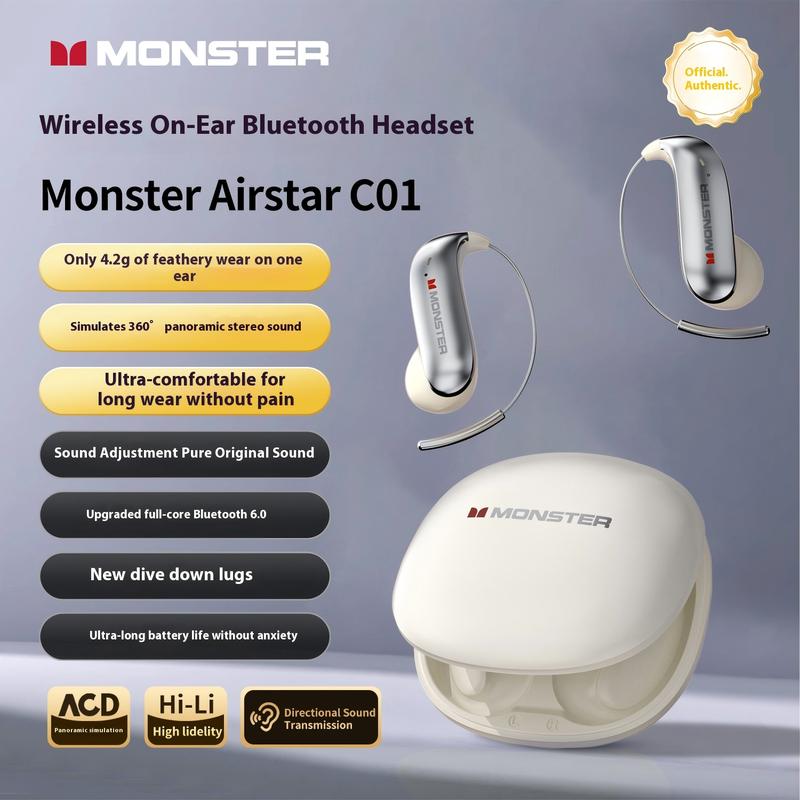 Monster Bluetooth Earbuds with Comfortable Ear Hooks, Bluetooth 6.0, Dual-Fold Design, Noise Isolation, 145H Playtime, IPX5 Waterproof and Sweatproof Outdoorfun Audio headphones bluetooth audifonos bluetooth traveling gadgets headphones bluetooth.