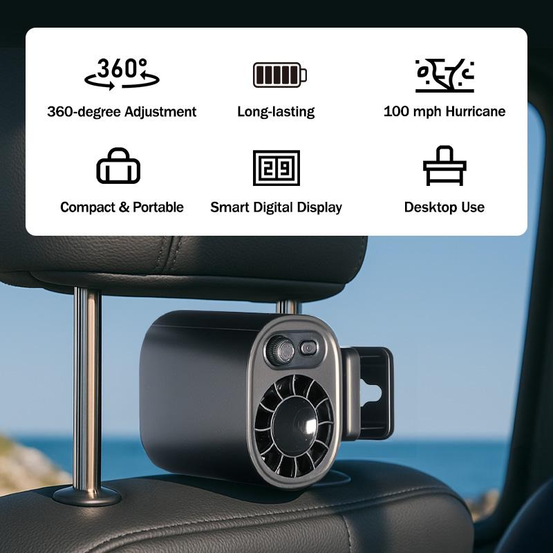 JOYTUTUS Car Clip On Fan with LED Display - 360° Rotation, 100 Speeds Adjustable,