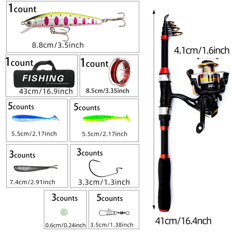 1.8m Telescopic Fishing Rod & Spinning Reel & Fishing Bag & Fishing Lure Kit,