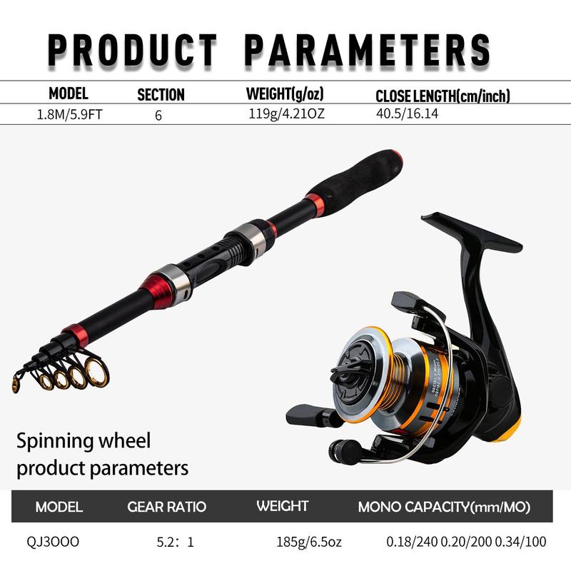 1.8m Telescopic Fishing Rod & Spinning Reel & Fishing Bag & Fishing Lure Kit,