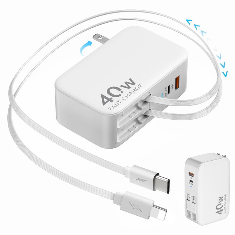4-in-1 Retractable Wall Charger with Dual USB Ports and 90cm Lightening and Type-C Cables,