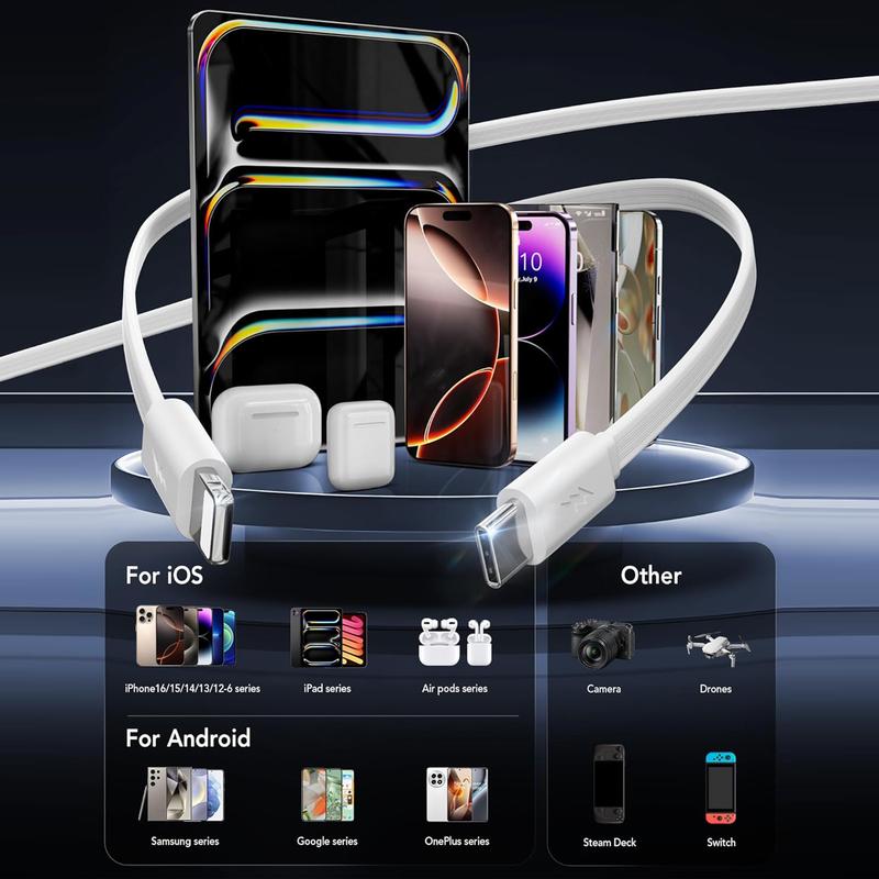 4-in-1 Retractable Wall Charger with Dual USB Ports and 90cm Lightening and Type-C Cables,