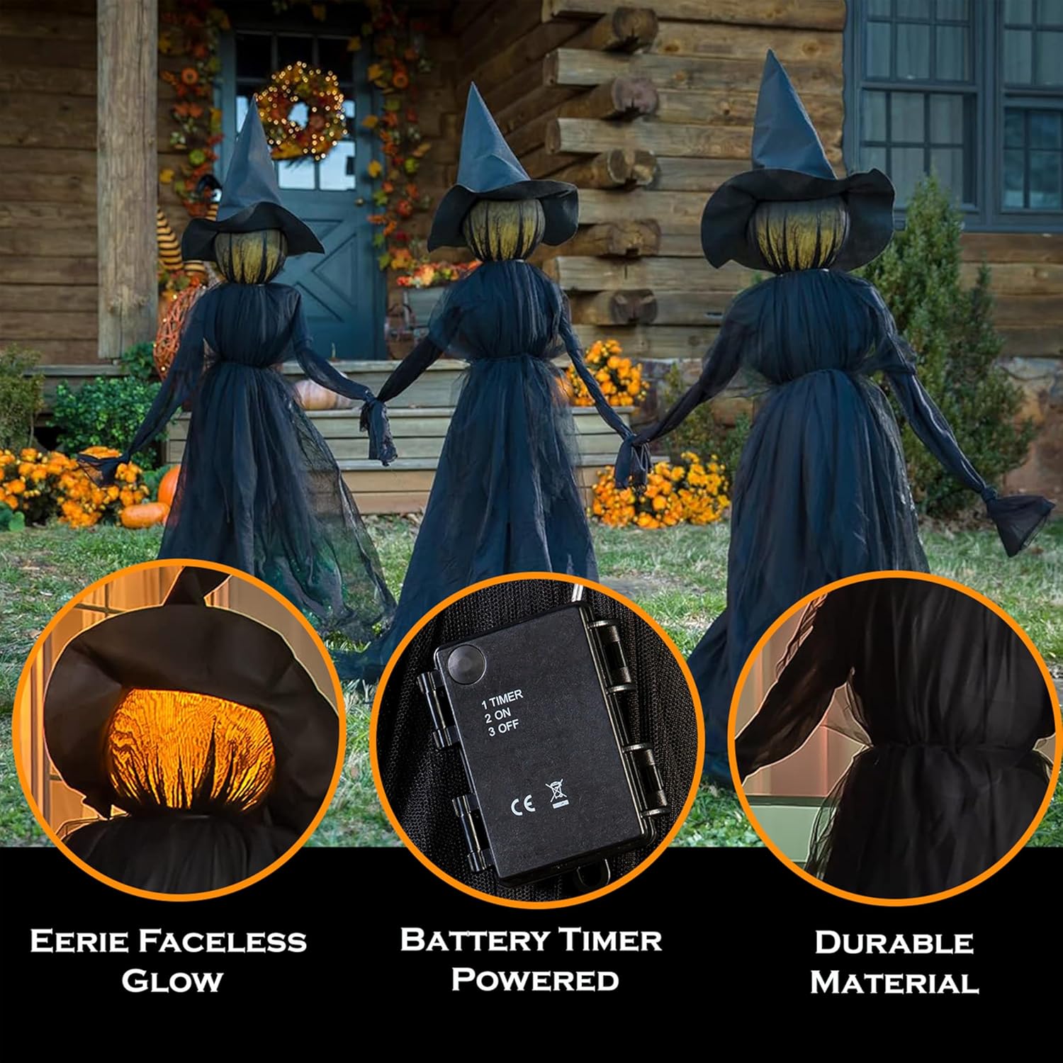 Evergreen Set of 3 LED Halloween Black Witches with Hats Stakes | 5.58 Feet Tall | Outdoor Safe | Weatherproof Battery Operated | Spooky Garden Statue Decoration Grass Lawn or Patio