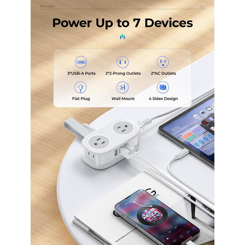 Travel Power Strip, ORICO 4 Outlets 3 USB Ports (1 USB C) with 4FT Wrapped Short Extension Cord Small Power Strip, Compact for Hotel Travel Essentials Cruise Approved