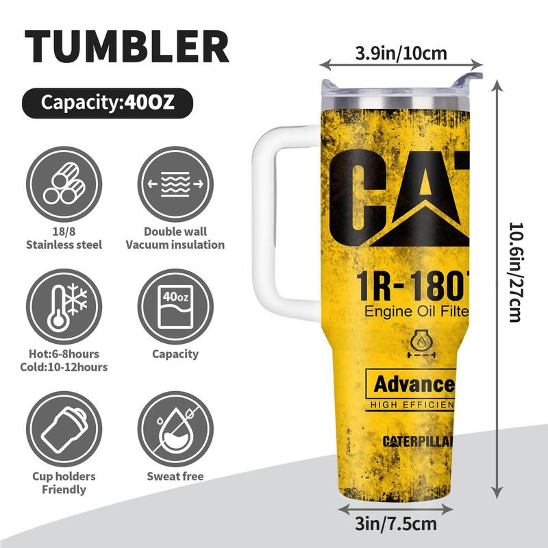 Oil Filter Tumbler 40 Oz, Yellow Cat 1R-1807 Engine Oil Filter Advanced High Efficiency, Presents For Caterpillar Lover, Presents For Him, Dad, Presents For Mechanic Double Walled Insulated Cup