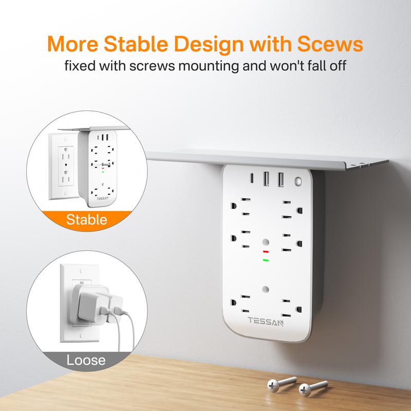 Tessan Wall Outlet Extender with Shelf Night Light Surge Protector Multi Plug Outlets USB Charger 6 AC 2 USB Ports 1 USB C