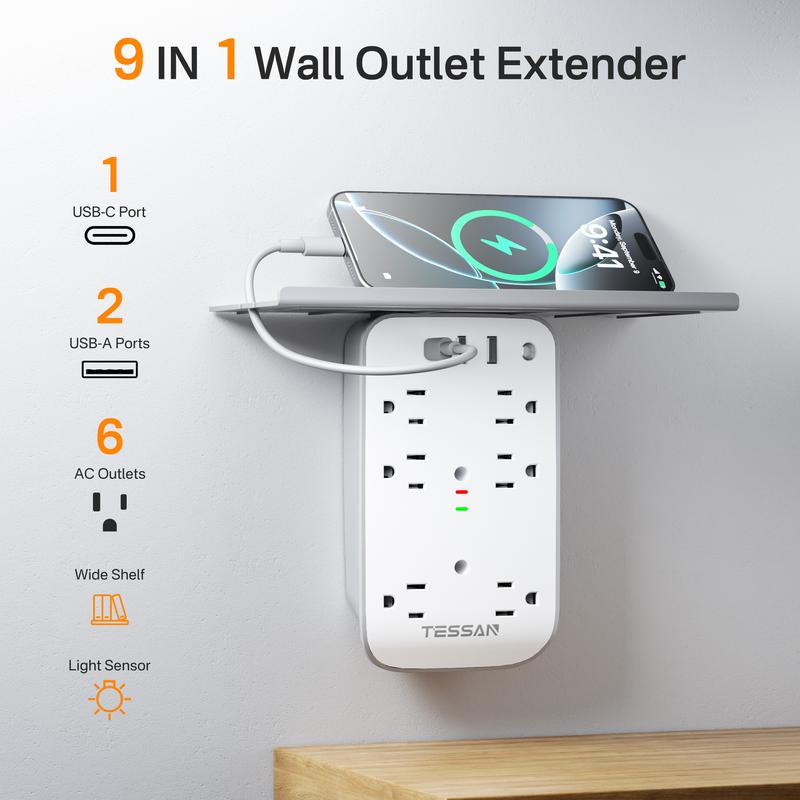 Tessan Wall Outlet Extender with Shelf Night Light Surge Protector Multi Plug Outlets USB Charger 6 AC 2 USB Ports 1 USB C
