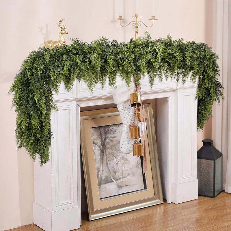 6 FT 2 Pcs Artificial Cedar Garlands, Real Touch Winter Cedar Garland, Green Artificial Greenery Pine Garland for Table, Mantle, Wall, Indoor, Outdoor Christmas Decorations