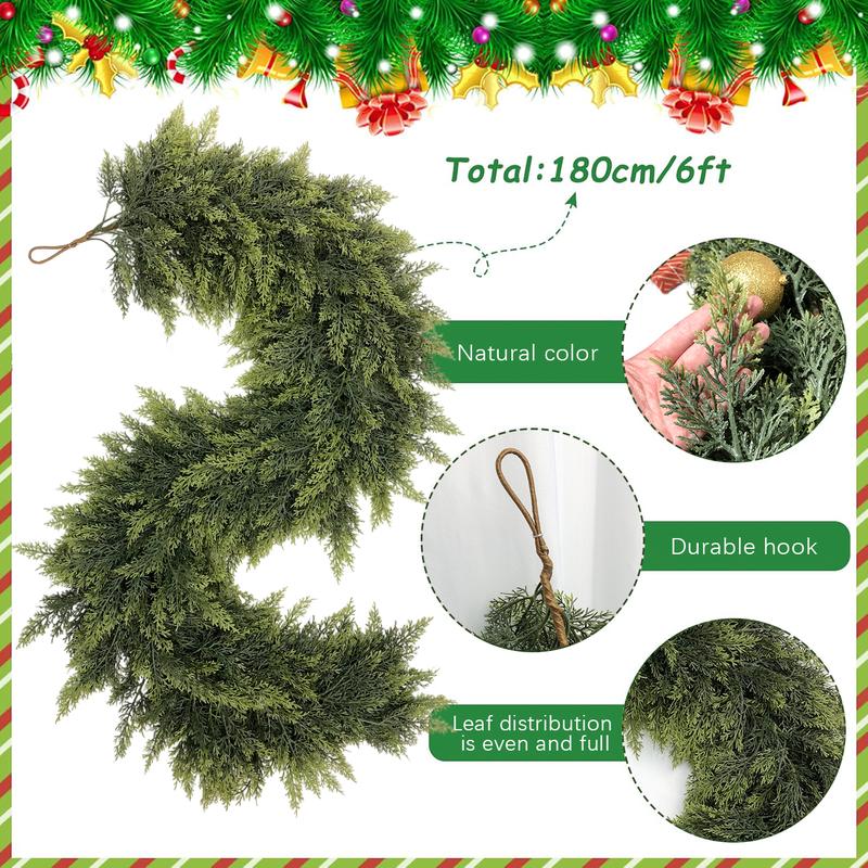 6 FT 2 Pcs Artificial Cedar Garlands, Real Touch Winter Cedar Garland, Green Artificial Greenery Pine Garland for Table, Mantle, Wall, Indoor, Outdoor Christmas Decorations