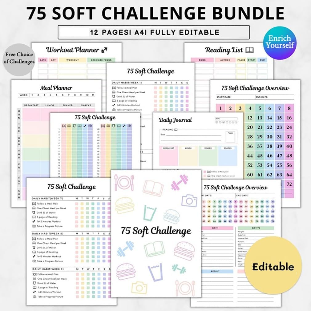 Soft Challenge Planner Notebook, 1 Count 75 Target Challenge Planner Notebook, Time Management & Efficiency Improvement Record Book,