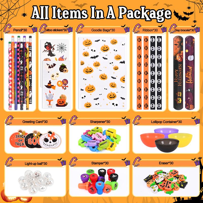 30 Pack Lollipop-Shaped Stationery Set with Pumpkin Cards Slap Bracelets Pencils Stickers Erasers Stampers Sharpener for Classroom Exchange School Boys Girls Party Favors