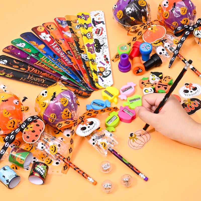 30 Pack Lollipop-Shaped Stationery Set with Pumpkin Cards Slap Bracelets Pencils Stickers Erasers Stampers Sharpener for Classroom Exchange School Boys Girls Party Favors
