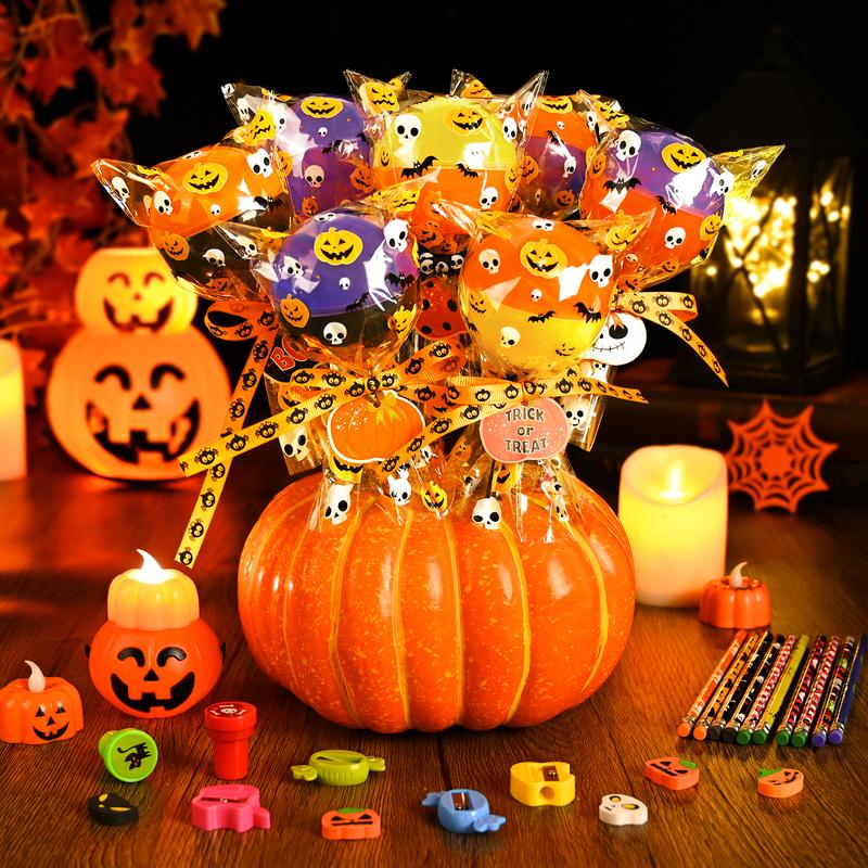 30 Pack Lollipop-Shaped Stationery Set with Pumpkin Cards Slap Bracelets Pencils Stickers Erasers Stampers Sharpener for Classroom Exchange School Boys Girls Party Favors