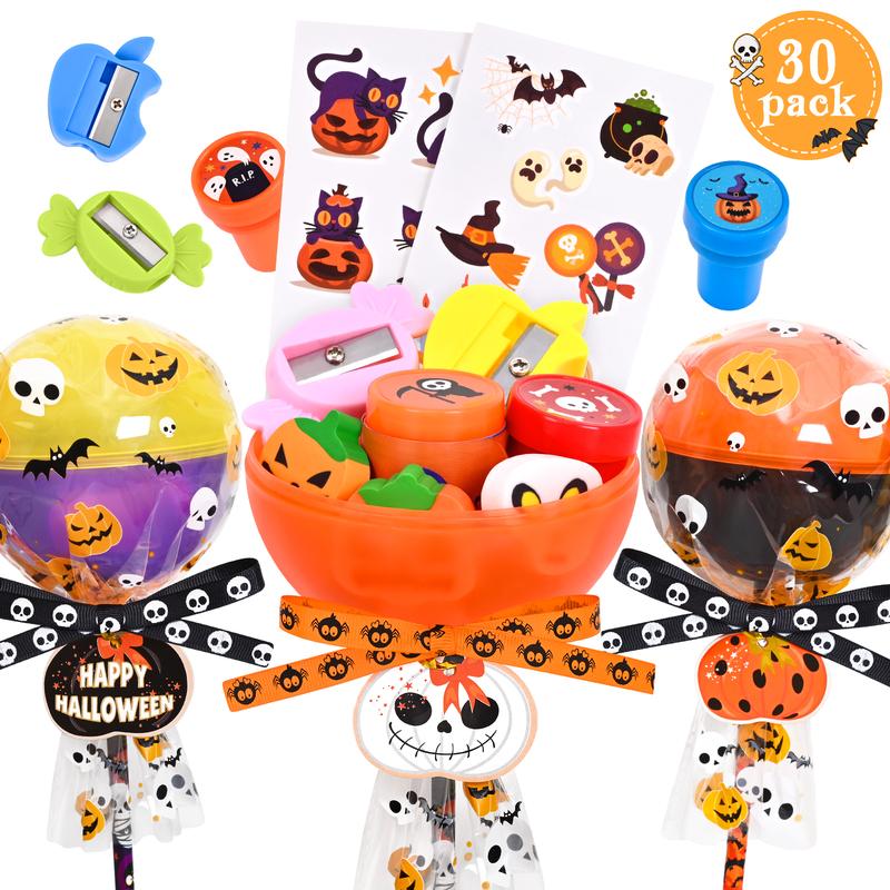 30 Pack Lollipop-Shaped Stationery Set with Pumpkin Cards Slap Bracelets Pencils Stickers Erasers Stampers Sharpener for Classroom Exchange School Boys Girls Party Favors