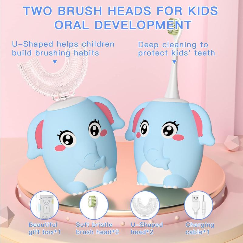 Kids Electric U Shaped Toothbrush Children Rechargeable Sonic Toothbrush Toddler baby toothbrushes with1-4 Brush Heads Full Mouth 6 Cleaning Modes Oral hygiene