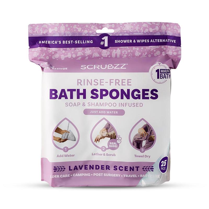 Scrubzz Disposable Rinse Free Bathing Wipes - 25 Pack - All-in-1 Single Use Shower Wipes, Simply Dampen, Lather, and Dry Without Shampoo or Rinsing