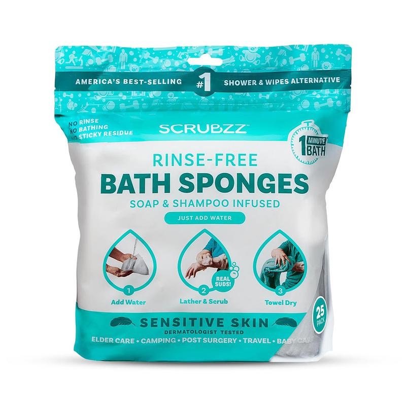 Scrubzz Disposable Rinse Free Bathing Wipes - 25 Pack - All-in-1 Single Use Shower Wipes, Simply Dampen, Lather, and Dry Without Shampoo or Rinsing