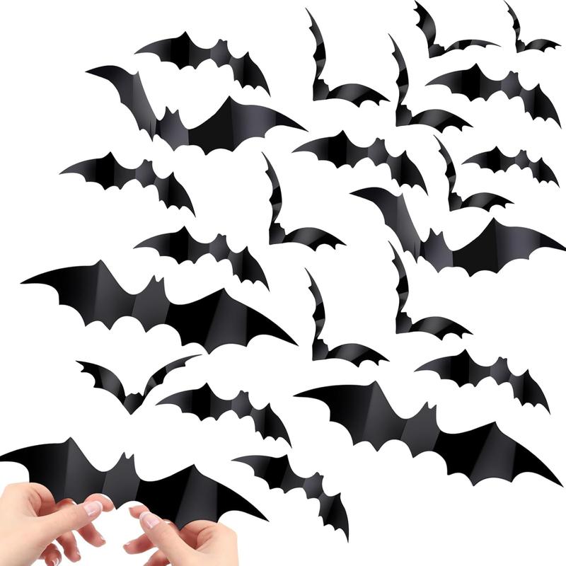 60PCS Bat Decor, Halloween Room Decor, 4 Different Sizes Realistic Waterproof PVC Black 3D Scary Bat Sticker for Home Decor Wall Decal Indoor Hallowmas Party Supplies